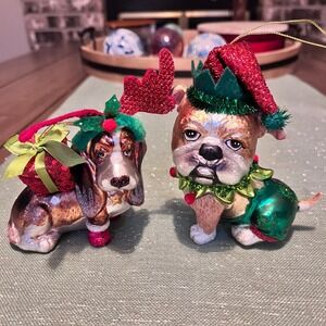 Set of 2 Adorable Blown Glass Mercury Christmas Ornaments Basset Hound Bulldog